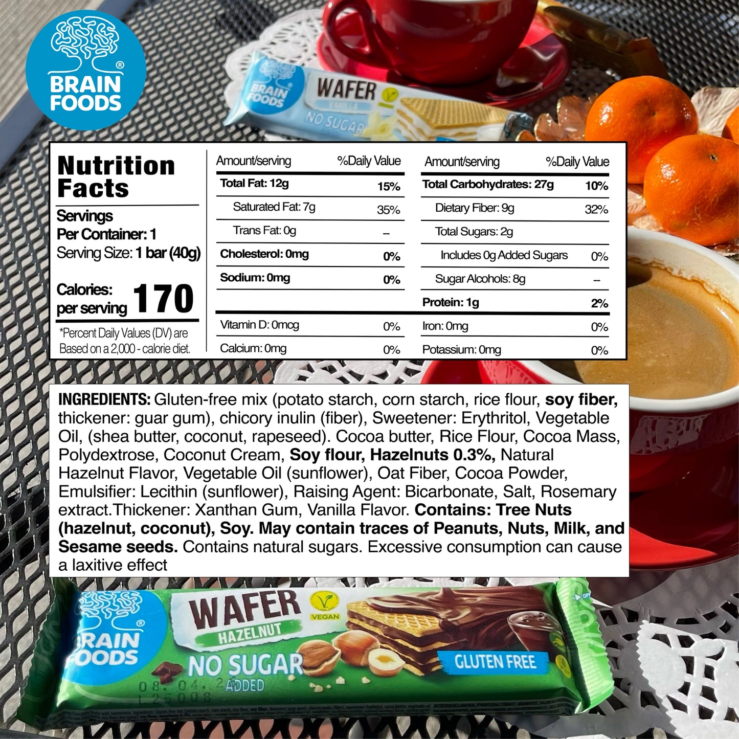 Brain Foods | Chocolate Hazelnut Wafer Bar Vegan Gluten-Free