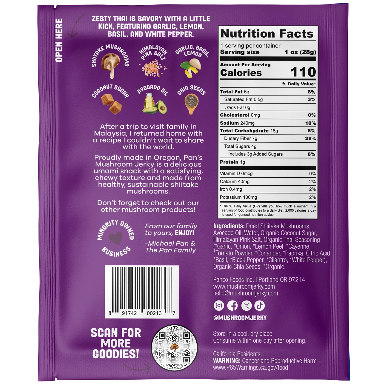 Pan's Mushroom Jerky - Zesty Thai Vegan 1oz