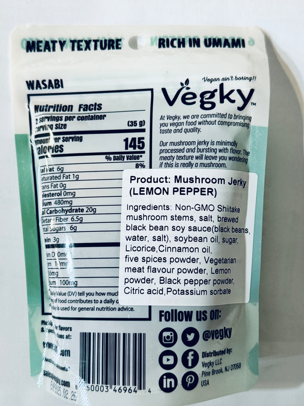 VEGKY | Vegan Shiitake Lemon Pepper Mushroom Jerky | 2.46 oz NON GMO