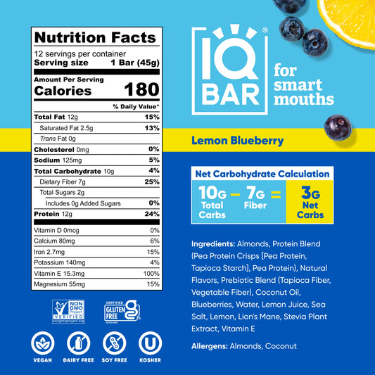IQBAR Brain and Body Keto Protein Bar - Lemon Blueberry 1.6 oz