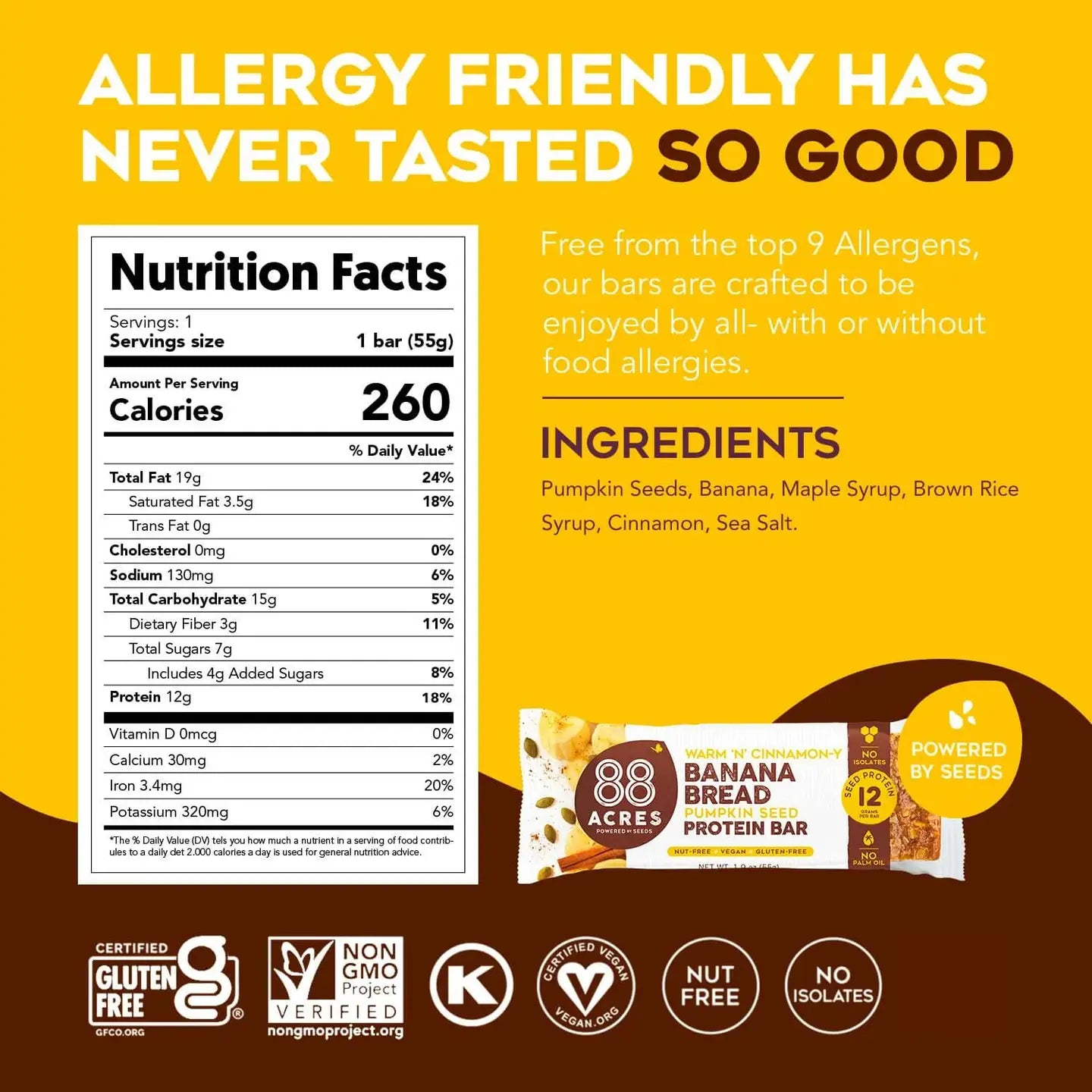 88 Acres | Plant-Based Granola Bar Banana Bread Protein Bar 1.6 oz