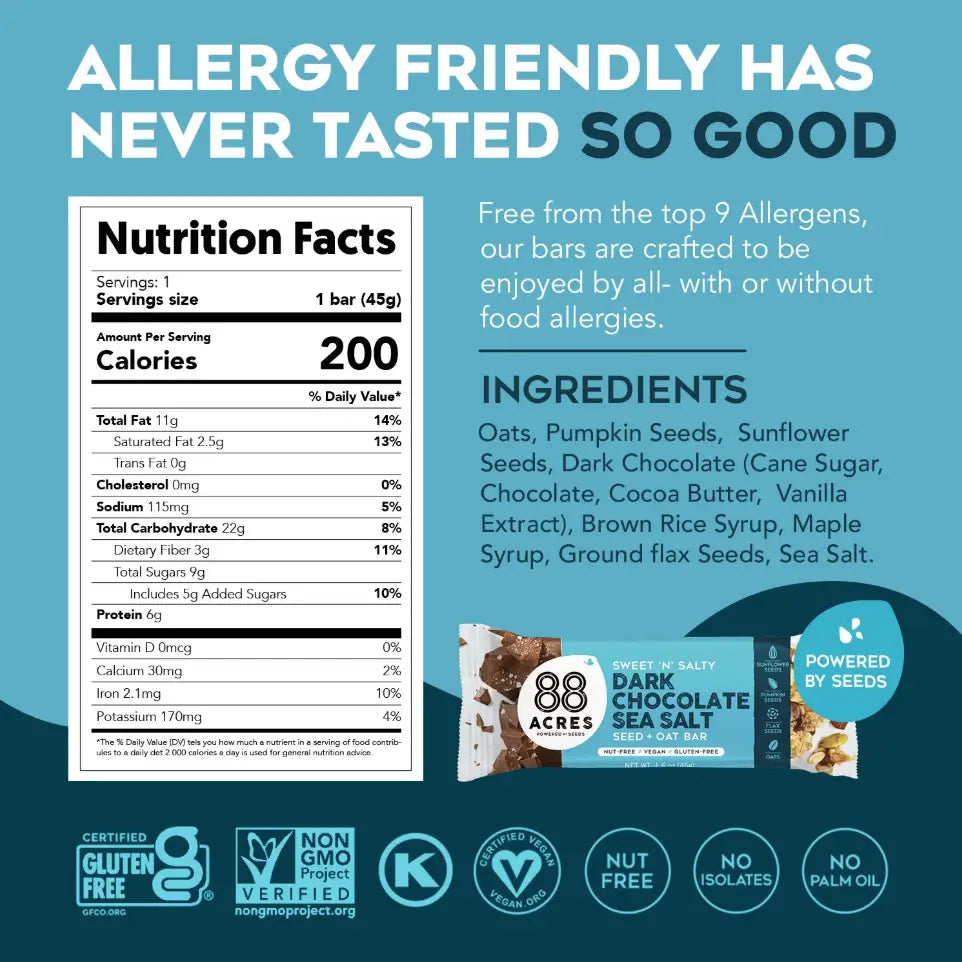 88 Acres | Plant-Based Granola Bar Dark Chocolate Sea Salt Bar 1.6 oz