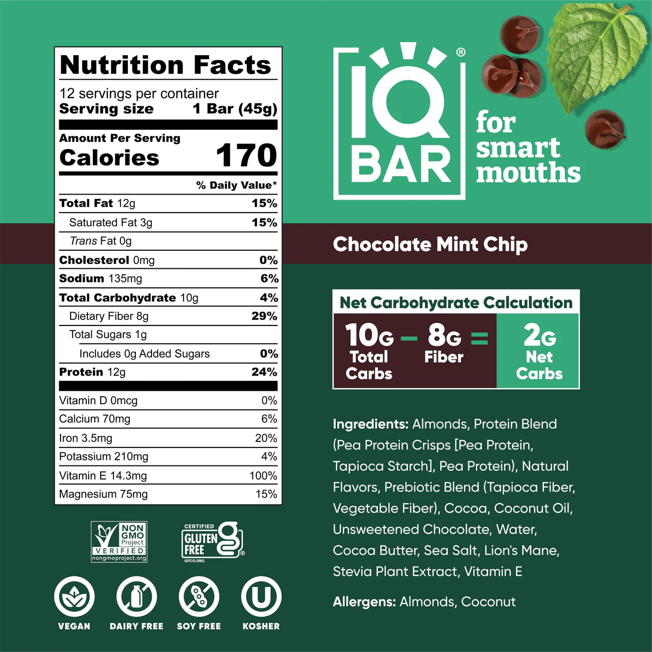 IQBAR Brain and Body Keto Protein Bar - Chocolate Mint Chip 1.6 oz