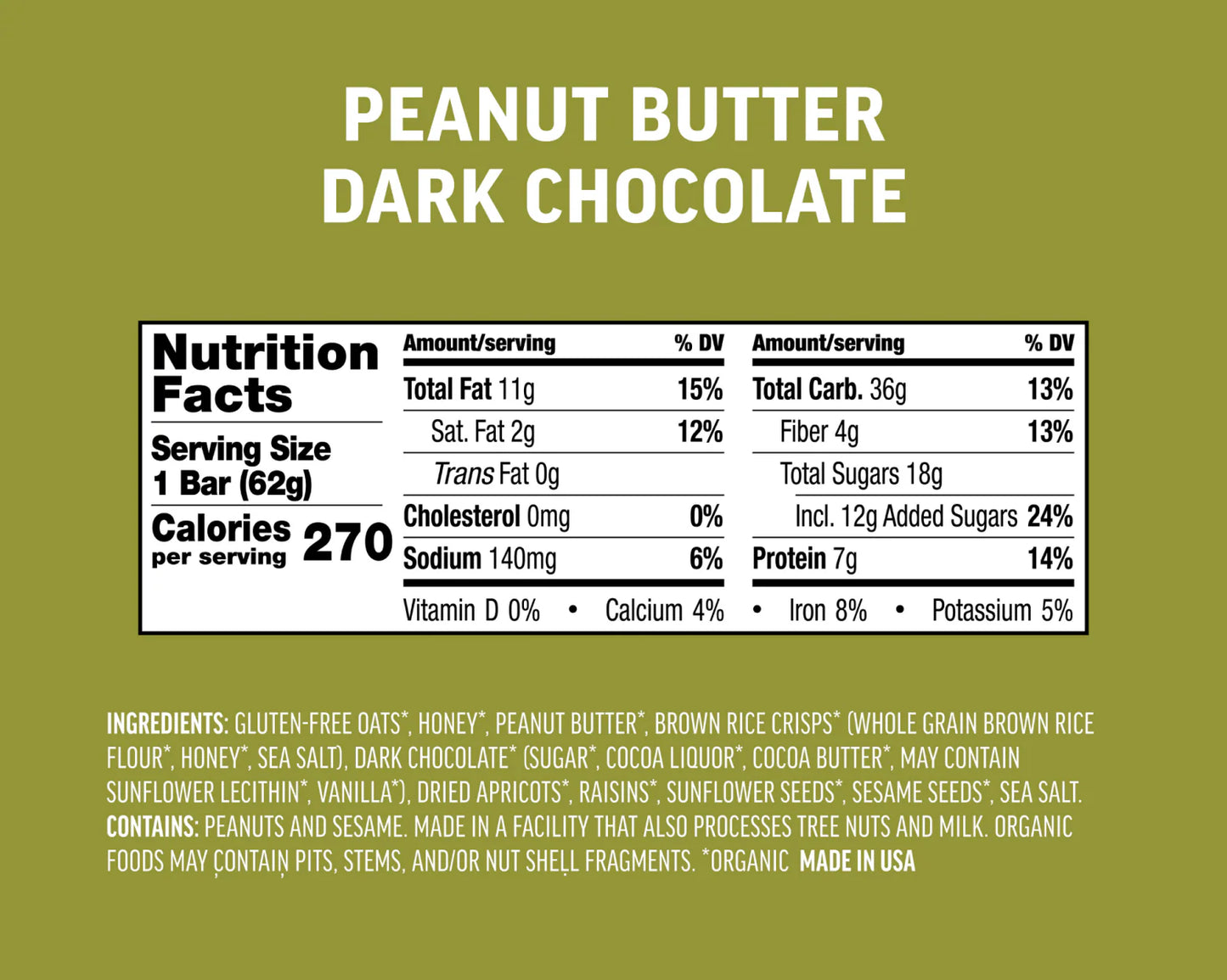 Kate's Real Food | Organic Gluten-Free Peanut Butter Dark Chocolate Bar (2.2 oz)