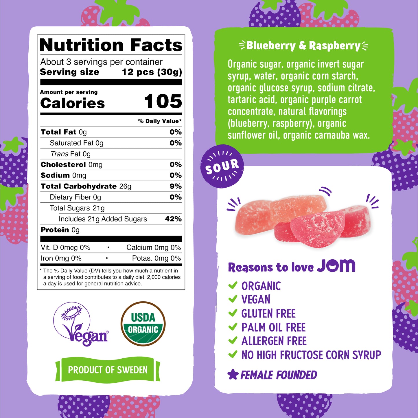 JOM Organic Blueberry & Raspberry Sour Gummy Candy 3.5oz