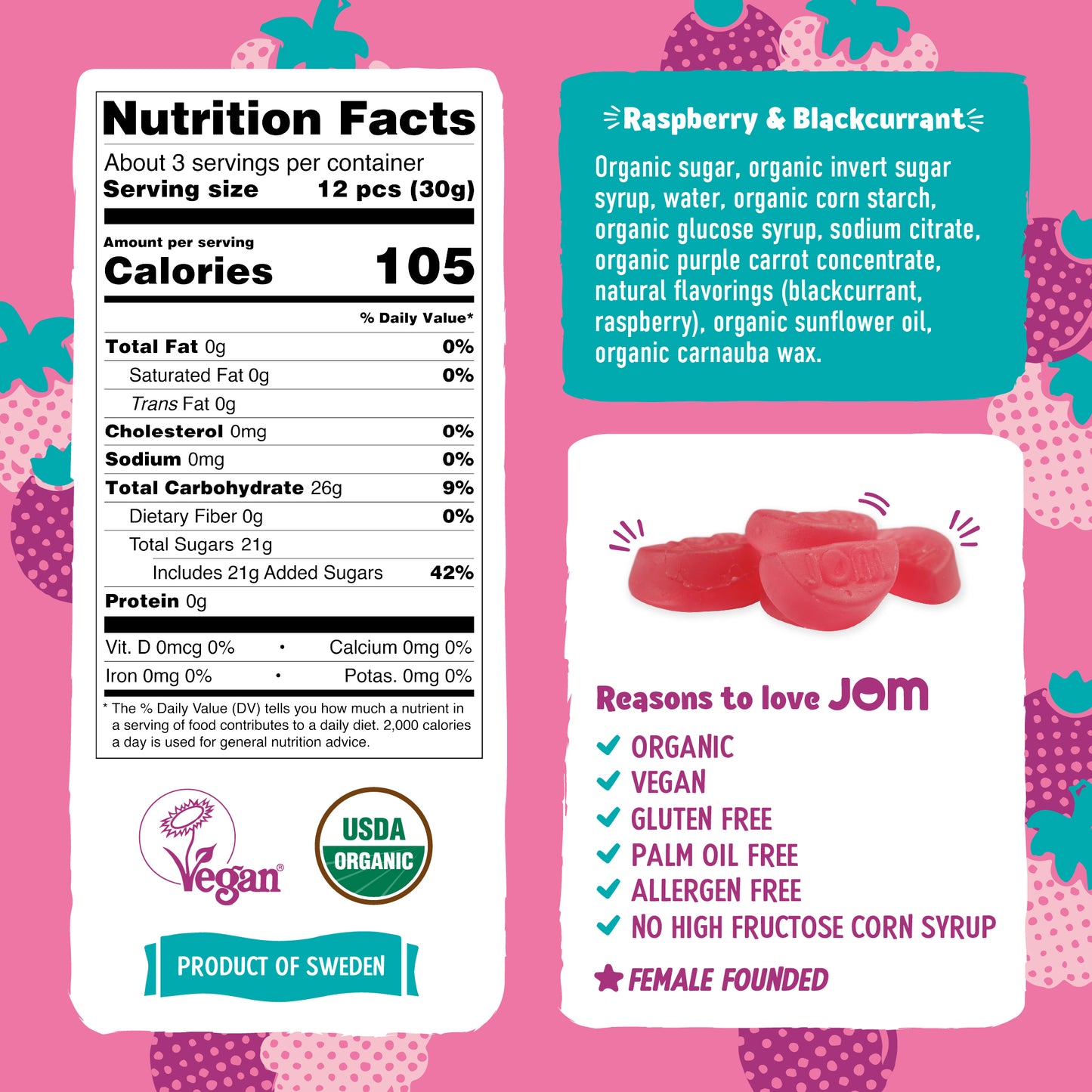 JOM Organic Raspberry & Blackberry Gummy Candy 3.5oz