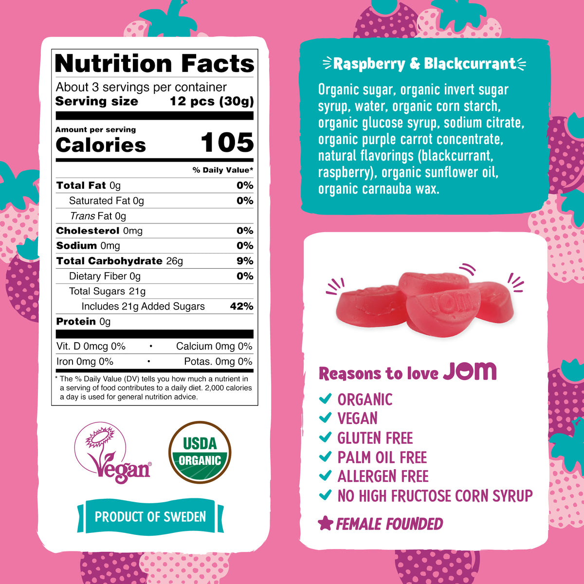 JOM Organic Raspberry & Blackberry Gummy Candy 3.5oz Snackever