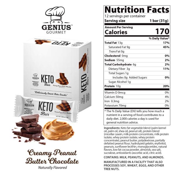 Genius Gourmet | Keto Bar Creamy Peanut Butter Chocolate Gluten Free Protein Bar (1.06 oz)