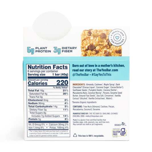 The YES Bar | Dark Chocolate Chip Plant Based Protein 1.4 oz Gluten Free