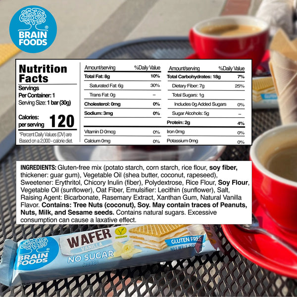 Brain Foods | Vanilla No Sugar Added Wafer Bar Vegan Gluten-Free