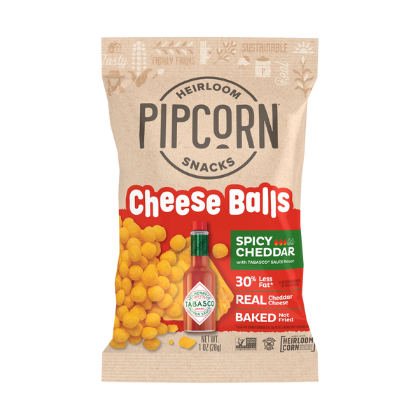 Pipcorn Spicy Cheddar with Tabasco Sauce Cheese Balls 1 oz Gluten Free
