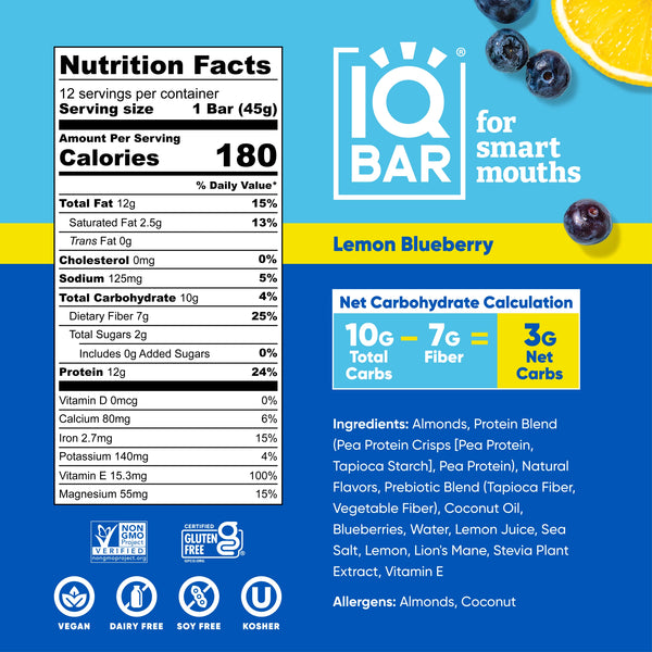 IQBAR Brain and Body Keto Protein Bar - Lemon Blueberry 1.6 oz