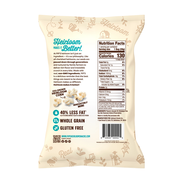 Heirloom Pip's Snacks Sea Salt Mini Popcorn 1oz Vegan Gluten-Free