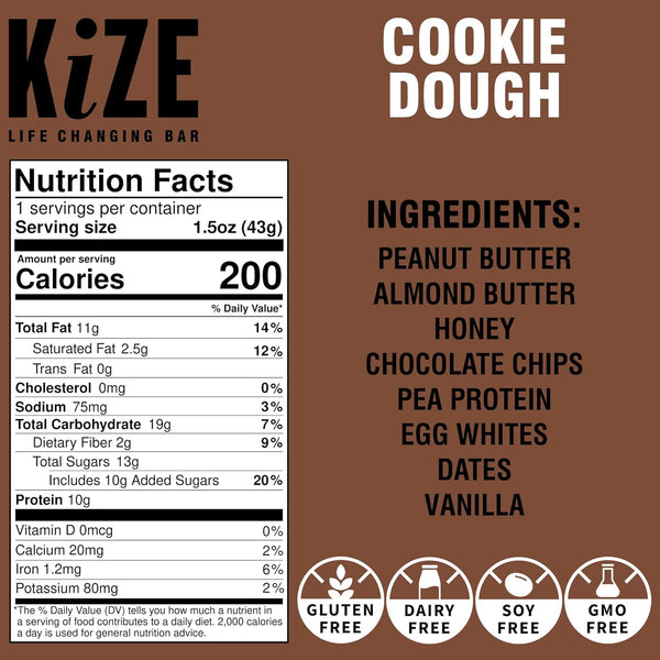 KiZE | Cookie Dough Energy Bar | Gluten-Free 1.5oz