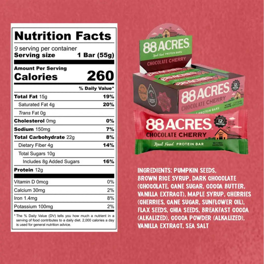 88 Acres | Plant-Based Granola Bar Chocolate Cherry Protein Bar 1.9 oz