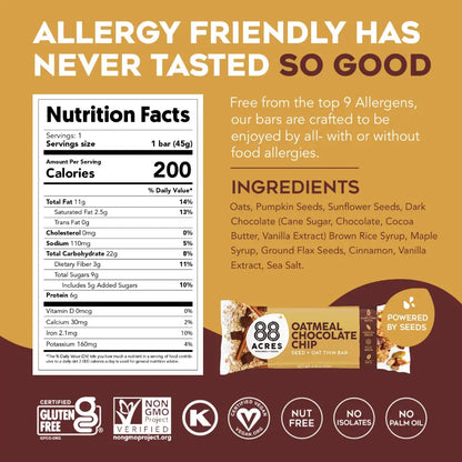 88 Acres | Plant-Based Granola Bar Oatmeal Chocolate Chip Bar 1.6 oz