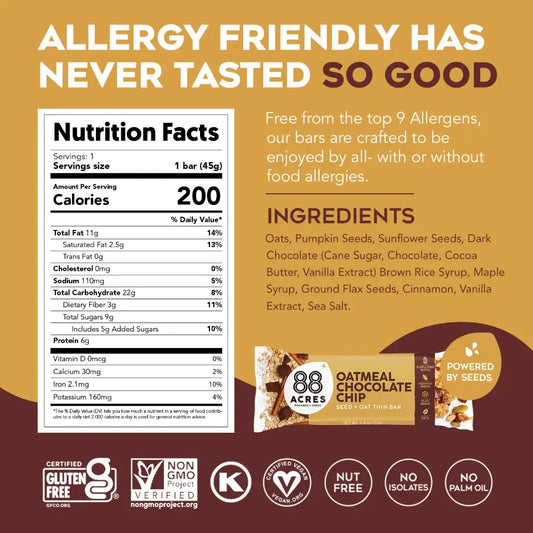 88 Acres | Plant-Based Granola Bar Oatmeal Chocolate Chip Bar 1.6 oz