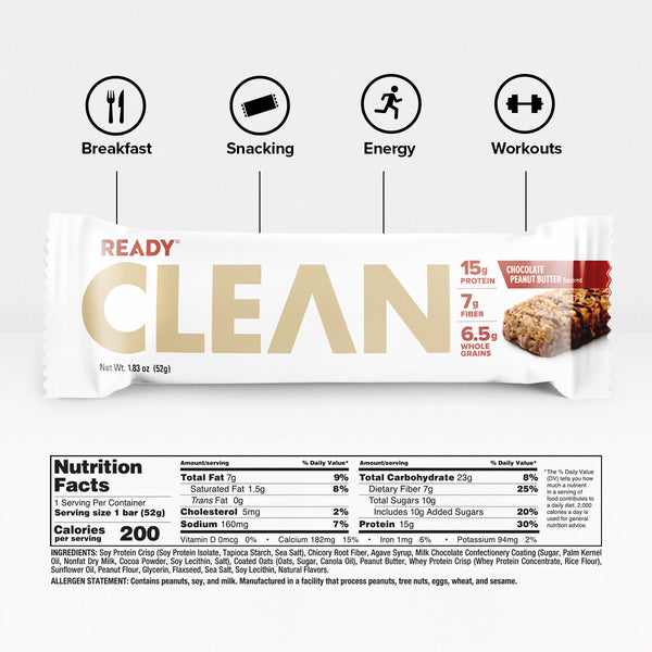 Ready CLEAN Bar | Chocolate Peanut Butter Protein Bar | Gluten-Free 1.83oz