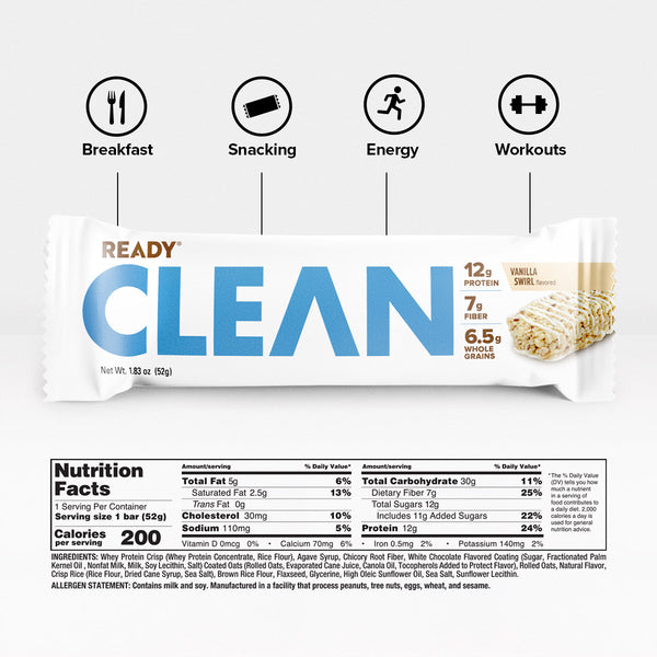 Ready CLEAN Bar | Vanilla Swirl Protein Bar | Gluten-Free 1.83oz