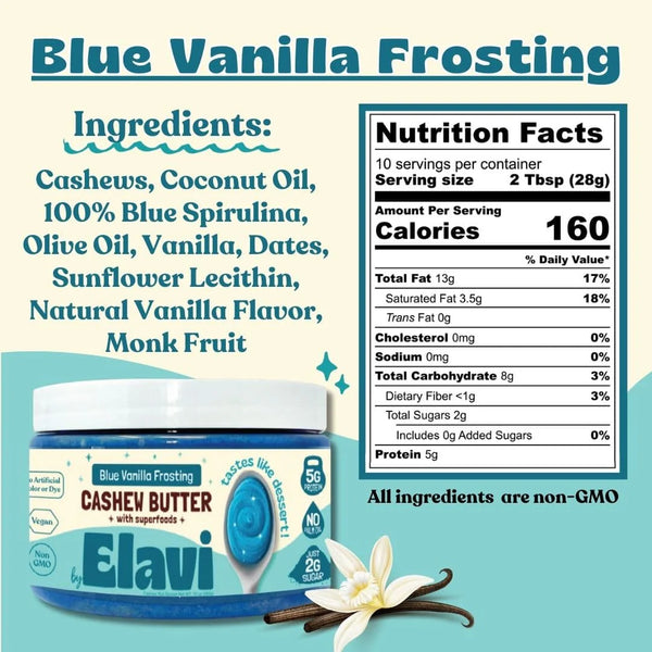 Elavi | Blue Vanilla Cashew Butter with Spirulina | 10oz Vegan Non-Gmo