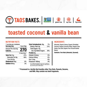 Taos Bakes | Toasted Coconut & Vanilla Bean Bar | Gluten-Free 1.8oz