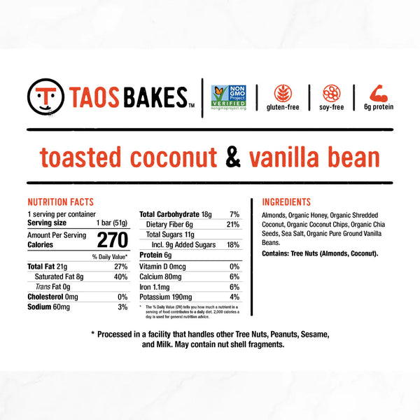 Taos Bakes | Toasted Coconut & Vanilla Bean Bar | Gluten-Free 1.8oz