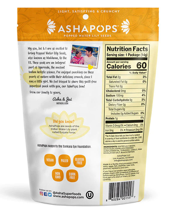 Ashapops | Popped Water Lily Seeds Plant-Based Vegan Turmeric Garlic (0.5 oz bag)