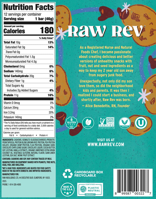 Raw Rev | Chocolate Chip Cookie Dough Vegan Protein Bar | 1.6oz