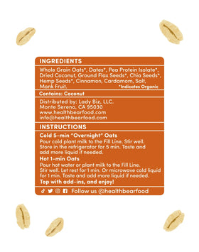 Santé Ours Food Co. | Cardamome à la noix de coco et aux dattes, flocons d'avoine protéinés | Végétalien sans gluten 2oz