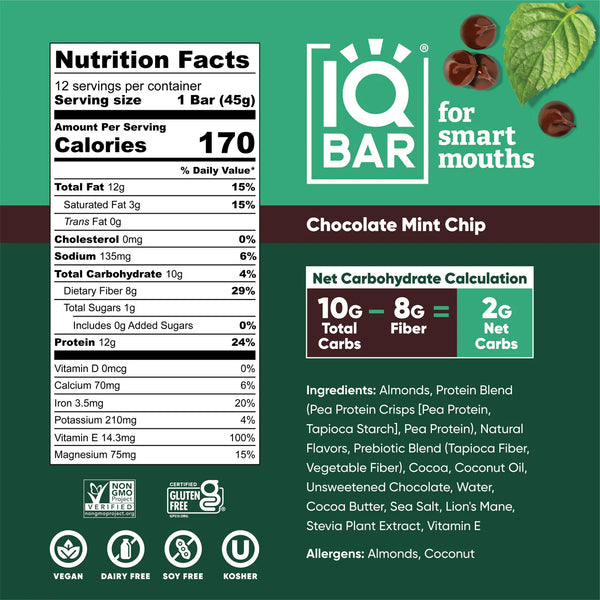 IQBAR Brain and Body Keto Protein Bar -  Chocolate Mint Chip 1.6 oz