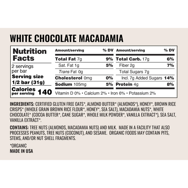 Kate's Real Food | Organic Gluten-Free White Chocolate Macadamia Bar (2.2 oz)