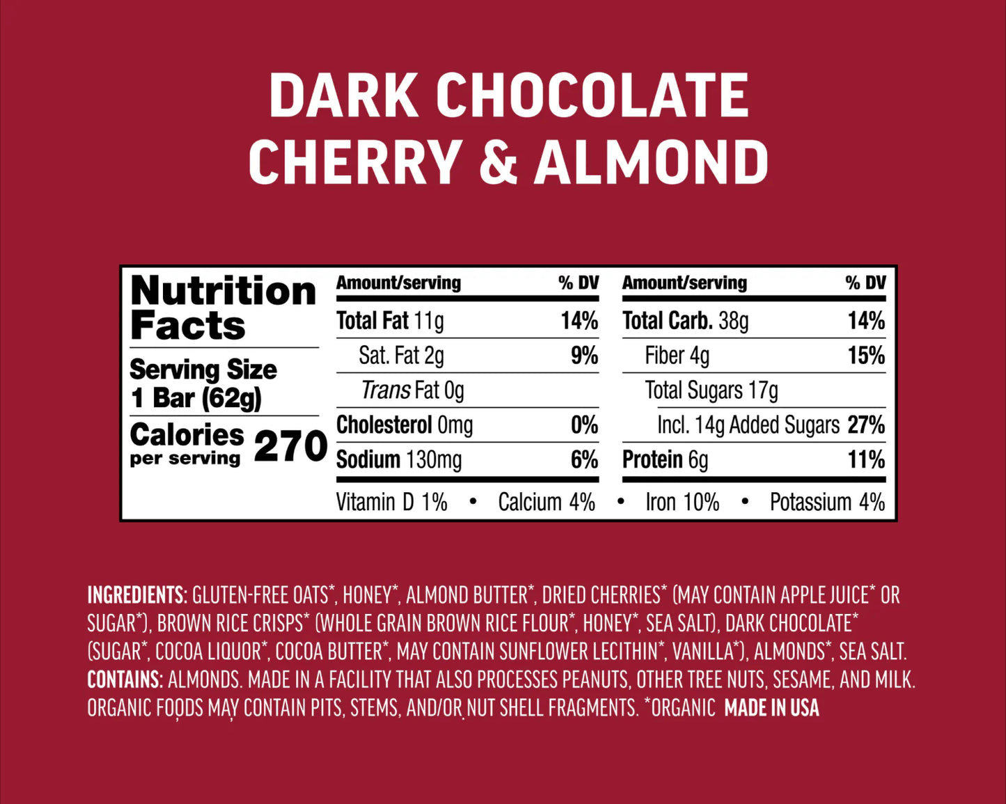 Kate's Real Food | Organic Gluten-Free Dark Chocolate Cherry & Almond Bar (2.2 oz)