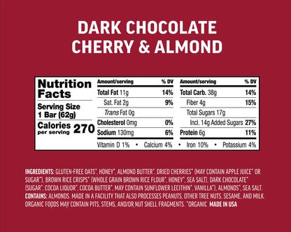 Kate's Real Food | Organic Gluten-Free Dark Chocolate Cherry & Almond Bar (2.2 oz)