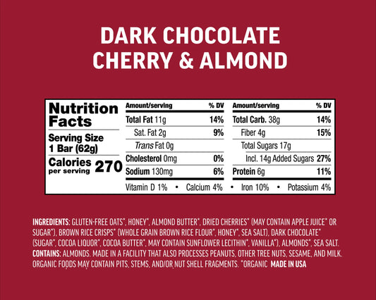 Kate's Real Food | Organic Gluten-Free Dark Chocolate Cherry & Almond Bar (2.2 oz)