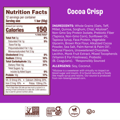 Munk Pack | Probiotic Protein Breakfast Cocoa Crisp Bar | Gluten-Free Vegan (1.94oz)