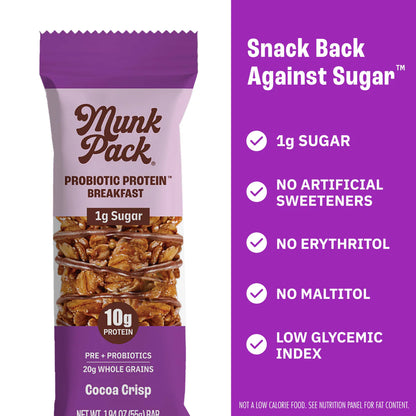 Munk Pack | Probiotic Protein Breakfast Cocoa Crisp Bar | Gluten-Free Vegan (1.94oz)