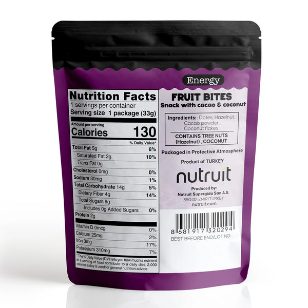 Nutruit | Energy Fruit Bites w/ Cacao Coconut | 1.2oz Vegan Gluten Free