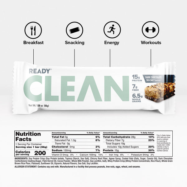 Ready CLEAN Bar | Dark Chocolate Sea Salt Protein Bar | Gluten-Free 1.98oz