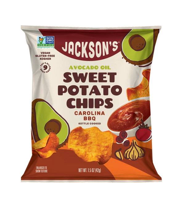 Jackson | Chips de batata Carolina BBQ con aceite de aguacate | Kosher vegano 1.5oz