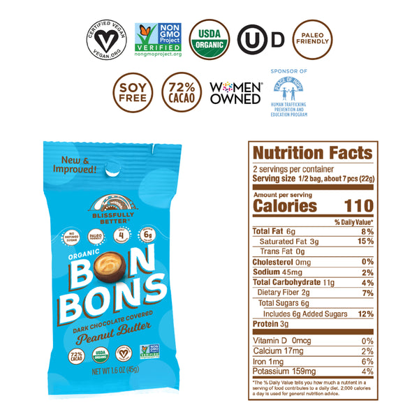 Blissfully Better | Organic Bon Bons Dark Chocolate Covered PB | Organic Vegan 1.6oz