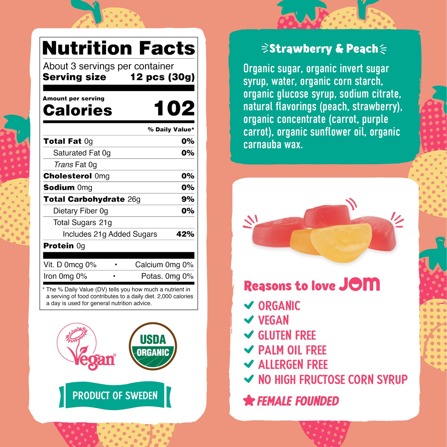 JOM Organic Strawberry & Peach Gummy Candy 3.5oz