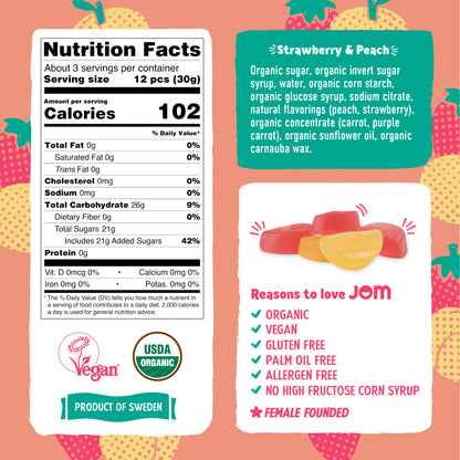 JOM Organic Strawberry & Peach Gummy Candy 3.5oz