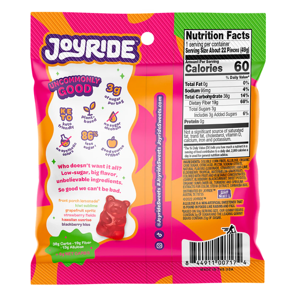 JOYRIDE Fruity Gummy Bears Faible teneur en sucre 1,7 oz Candyz à base de plantes