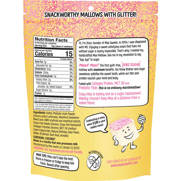Conozca los Funfetti de cumpleaños de Brainer Max Mallow | Sin culpa y sin azúcar (3,4 oz)