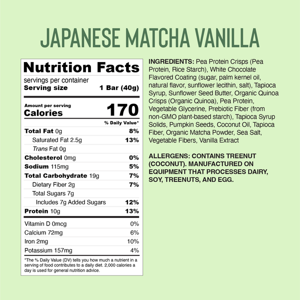 Mezcla | Vanille Matcha japonaise | Barre protéinée végétale végétalienne - 1,40 oz