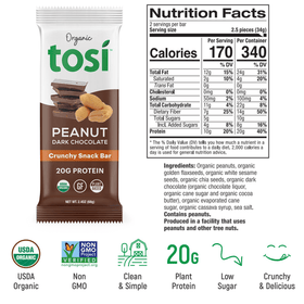 Organic Tosi Peanut Dark Chocolate Protein Bar 2.4 oz Vegan
